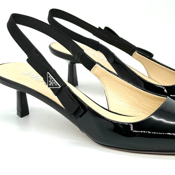 PRADA Triangle Logo Bow Pointed Toe Kitten Heel Slingback Pumps Sandals - Picture 9 of 16